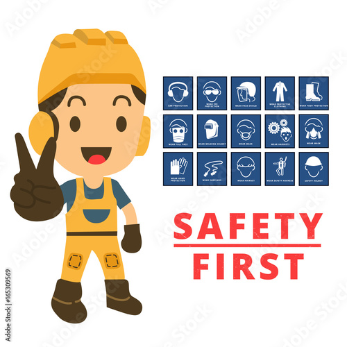 Construction engineer with showing two fingers up happy cheerful.Mandatory signs, safety and health sign