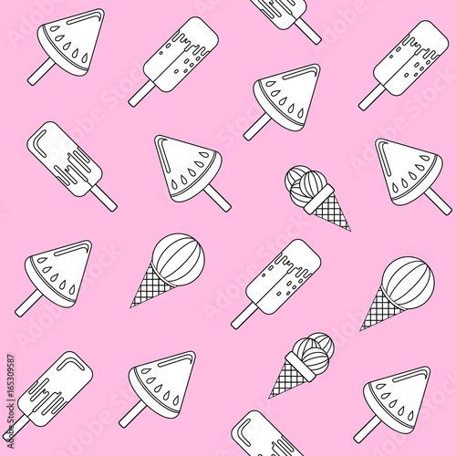 Seamless pattern with black and white lines icons of ice cream.