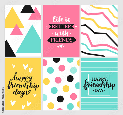 Happy friendship day 2017. Set of bright colorful posters with brush lettering about friends. Vivid illustration in retro color style. Vintage colors and shapes. Greeting cards collection.