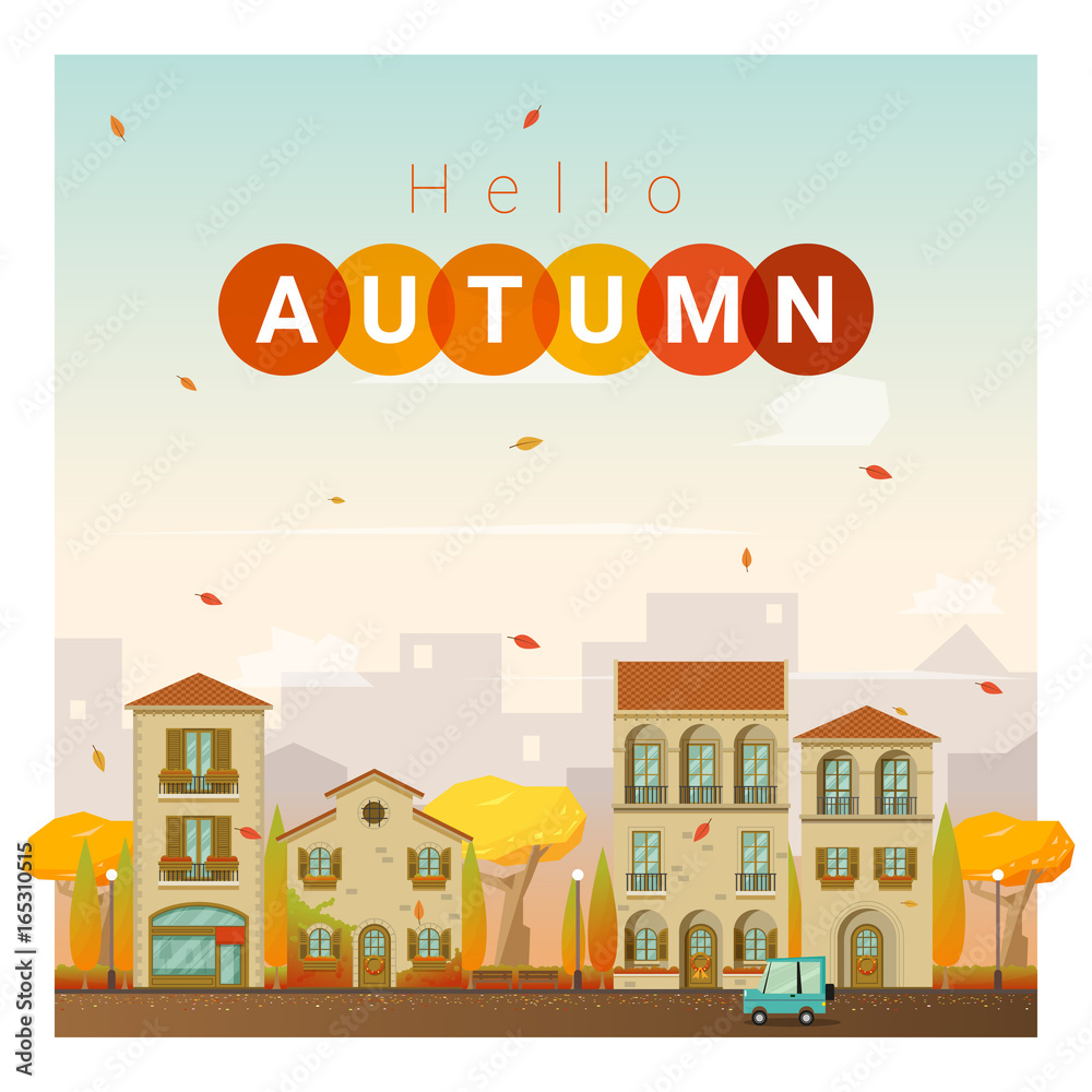 Hello autumn cityscape background , vector , illustration