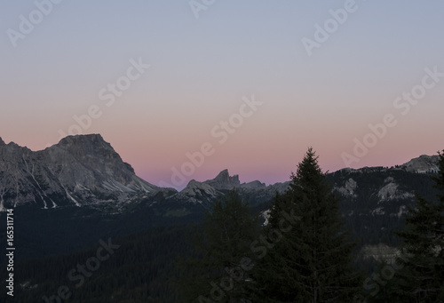 Fantastic landscape on the Dolomites during the sunset. View on Sas Crusc, and Lavarela picks. Alta Badia, Sud Tirol, Italy