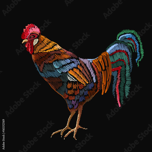 Embroidery rooster. Embroidery beautiful male rooster template for clothes, textiles, t-shirt design