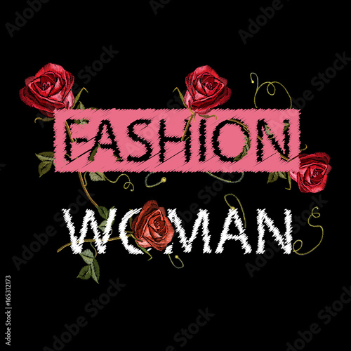 Embroidery roses, print fashion woman, t-shirt design. Embroidery template for clothes