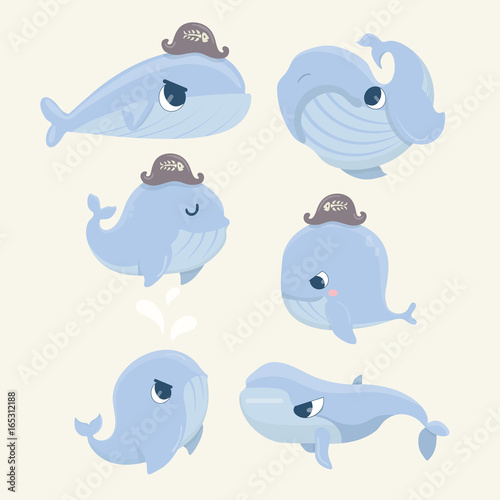 Set of cartoon cute and funny whales.