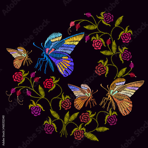 Butterflies and berries embroidery. Beautiful classical embroidery tropical butterflies and berries template for clothes, textiles, t-shirt design
