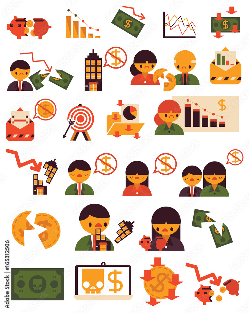 Fototapeta premium Twenty Five Items Economic Crisis Problem Vector Flat Icon Business Finance