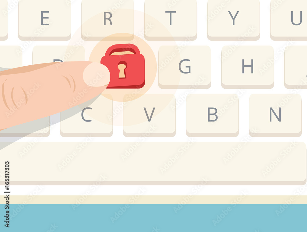 Finger pressing lock key on computer keyboard