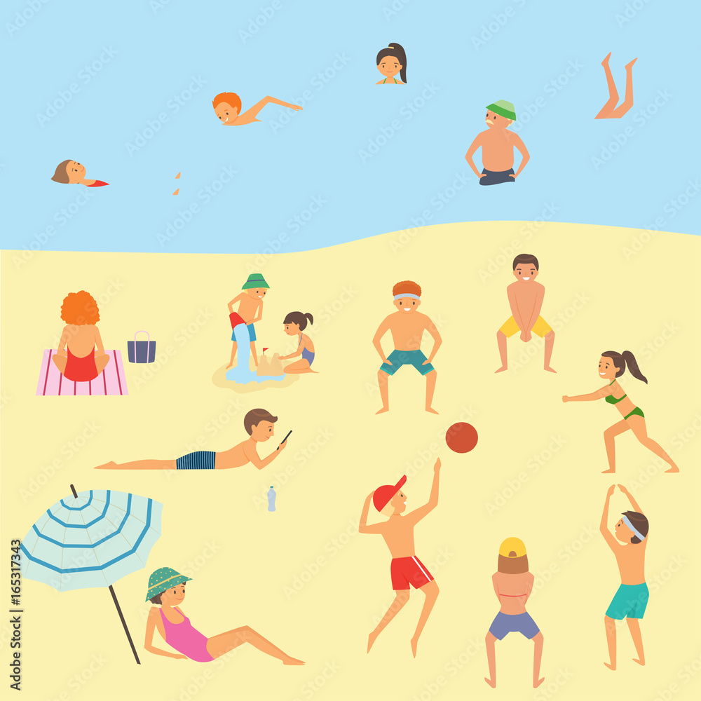 People relaxing on the beach. Vector illustration