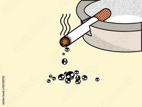 Cigarette on ashtray with ashes formed skull