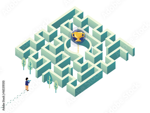 Man try to get award cup in maze / labyrinth