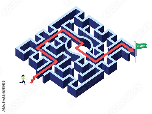 Woman running follow arrow direction  in maze / labyrinth