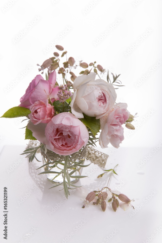 Beautiful English rose flower bouquet on white background