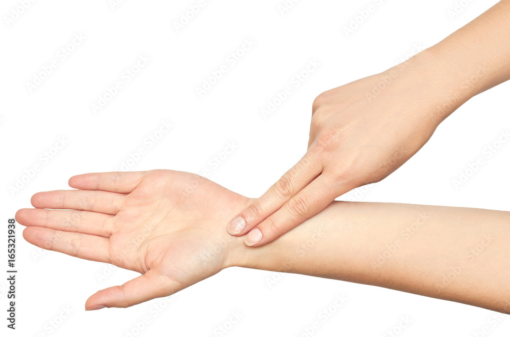 The gesture of a hand holding a phone on white background, isolated