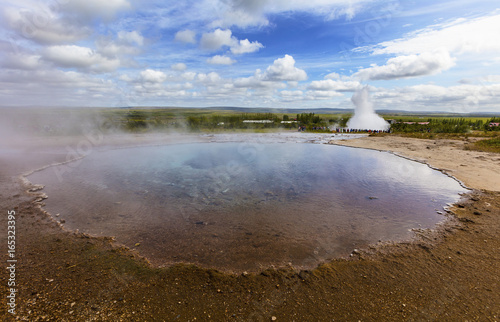 Large eruption geyser and hot spring in Iceland
