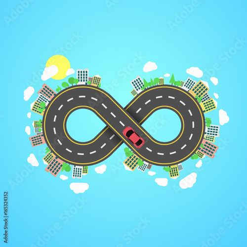 Infinity road. An endless journey through the world. The carriageway. Cartoon car is driving along the road from the eight. Cities and settlements. Trees and plants