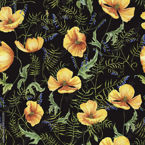 Wallpaper Mural Hand-drawn watercolor floral seamless pattern with the yellow poppy flowers and grass on the black background in vintage style. Natural and vibrant repeated print for textile, wallpaper. Wild blossom Torontodigital.ca
