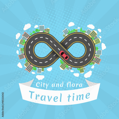 Infinity road. Travel time. Cartoon red car. The carriageway. Halftone effect with rays. Banner of white ribbon. Cities and settlements. Trees and plants