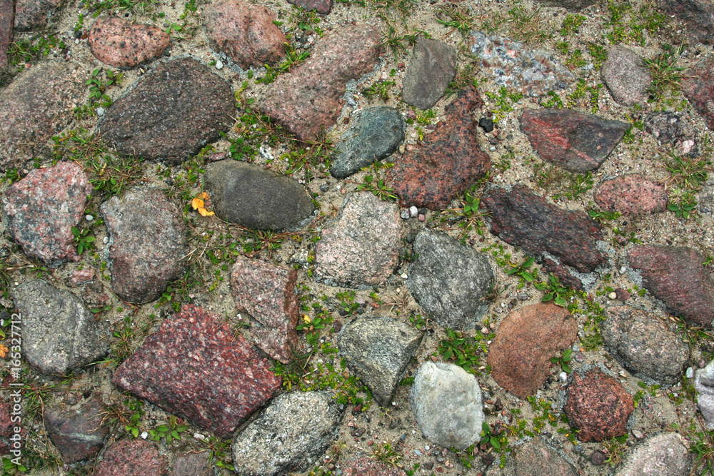 Old, little-used cobblestone road with green grass growing between the stones