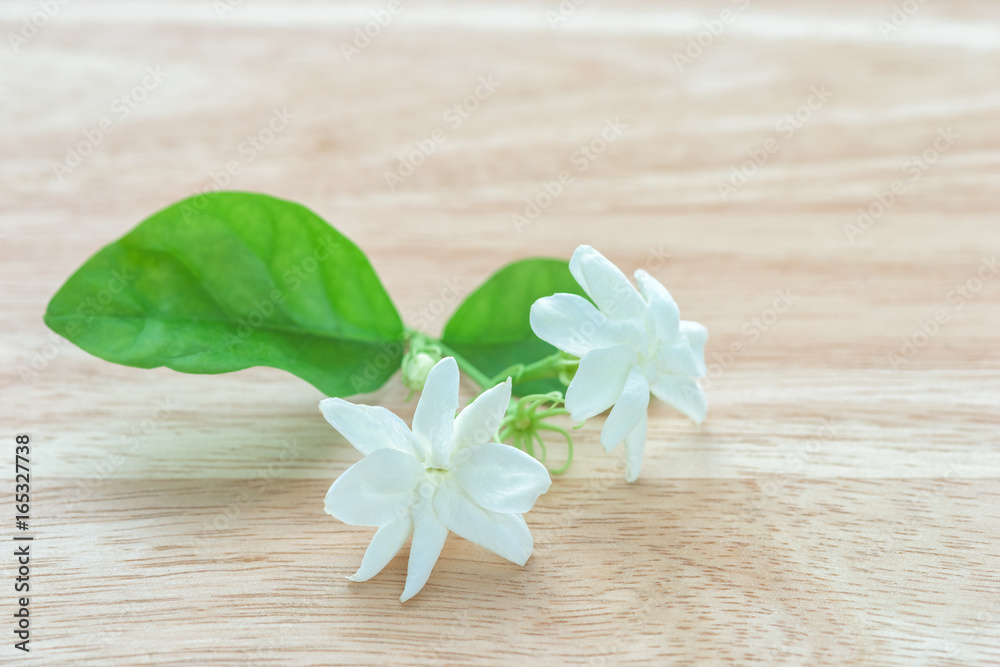 Close-up Jasmine flowers on a wood table Close-up Jasmine flowers on a wood table