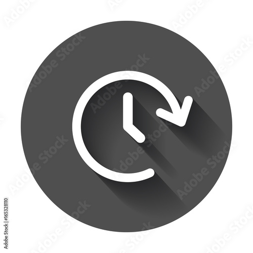 Clock tome vector icon. Timer 24 hours sign illustration on black round background with long shadow.