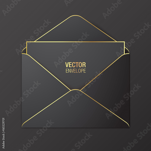 Black vector envelope template. Black opened envelope with golden elements, lying on a red background. Realistic mockup.
