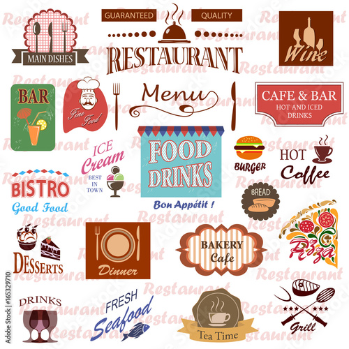 Set of food and drink labels, icons for restaurant and cafe