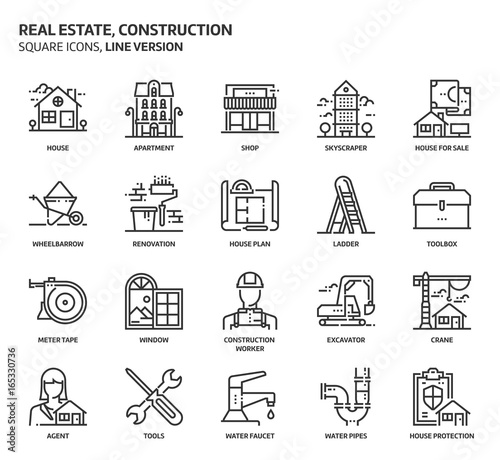 Real estate and construction, square icon set