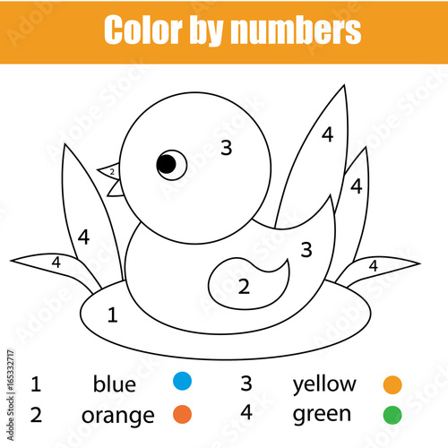Coloring page with duck bird. Color by numbers educational children game, drawing kids activity