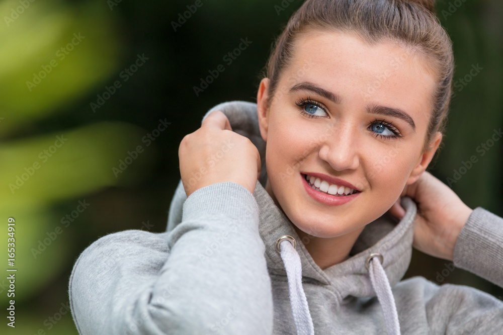 Happy Pretty Teenage Girl Young Woman Wearing Hoody Happy Pretty Teenage Girl Young Woman Wearing Hoody