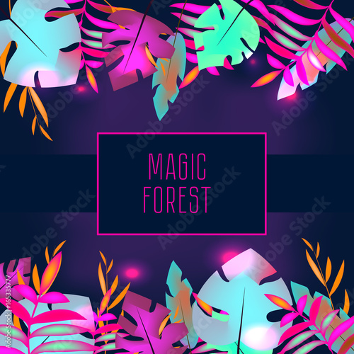 Tropic flyer design template. Tropical leaves with neon glowing. Advertisement, background. Night club, disco, party banner