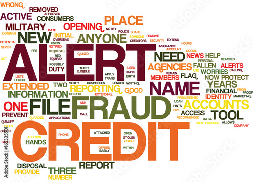 FRAUD ALERT A NEW TOOL TO PROTECT YOUR CREDIT Text Background Word Cloud Concept