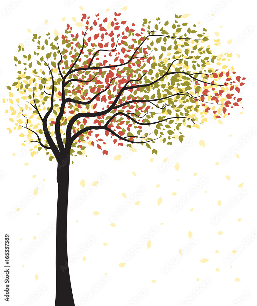 Autumn tree with falling leaves