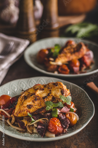 Grilled chicken steak with roasted vegetable