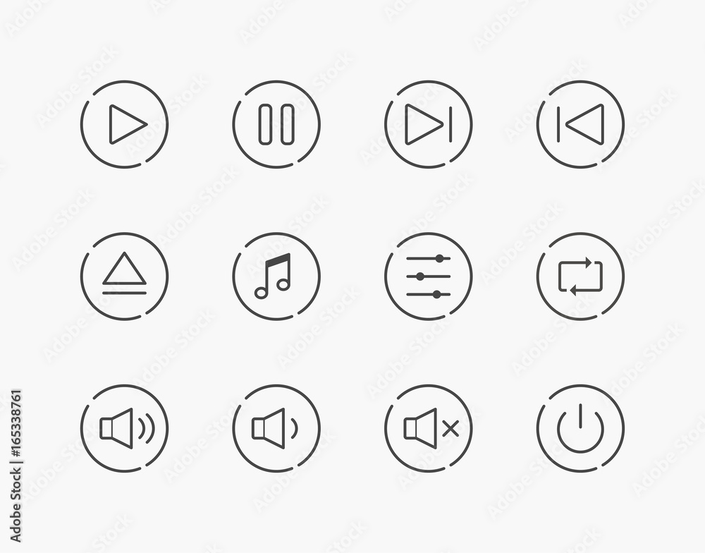 Simple Set of Play Music Control Thin Line Icons. Editable Stroke. 64 x 64 Pixel Perfect. - obrazy, fototapety, plakaty 