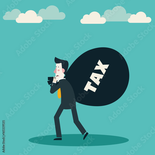 Sad businessman carrying a bag with tax. Tax time and taxpayer finance concept