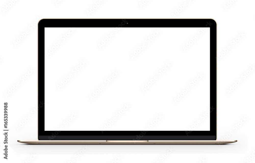 Gold laptop with blank computer screen. Front view Mock up. 3d illustration Gold laptop with blank computer screen. Front view Mock up. 3d illustration