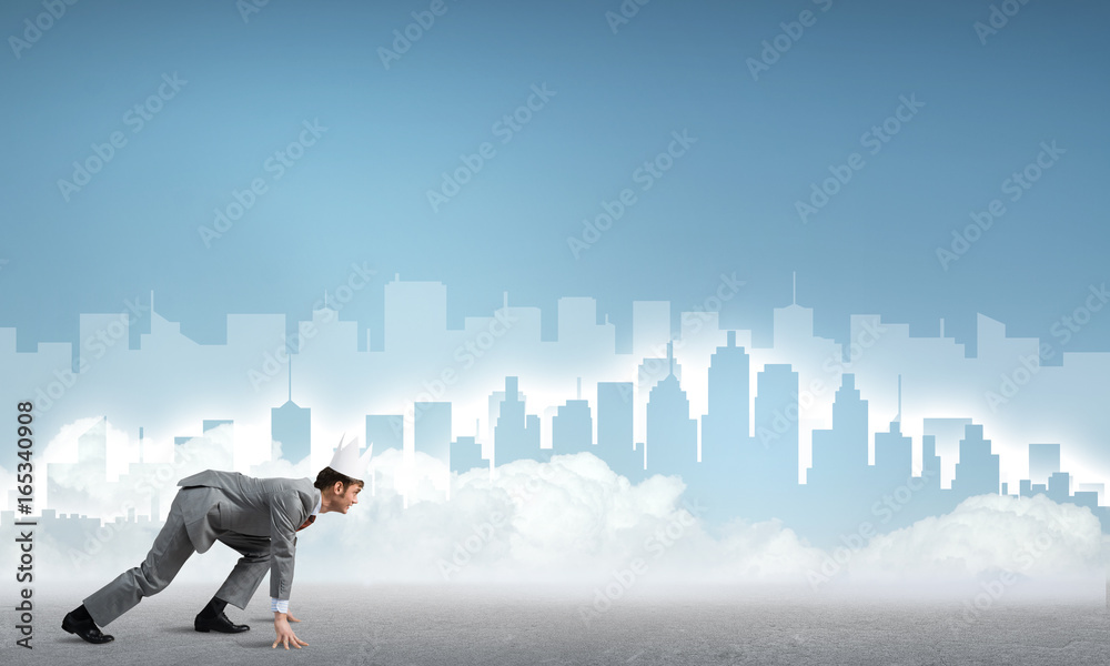 King businessman in elegant suit running and blue cityscape silhouette at background King businessman in elegant suit running and blue cityscape silhouette at background
