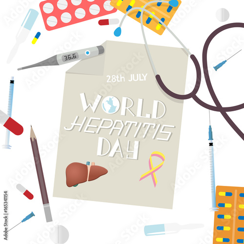 Medicines, medical equipment and inscription World Hepatitis Day