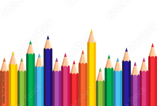 White Background With Colorful Pencils Set On Edge Copy Space Banner Flat Vector Illustration