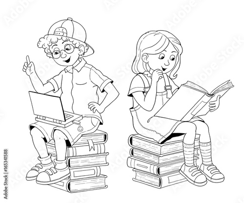Back to school. Cute schoolchildren ready for school. Coloring page. Funny cartoon characters