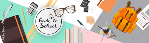 Back To School Top Angle View Of Desk With Different Supplies Flat Vector Illustration