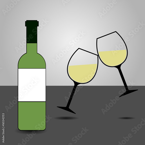 White Wine Bottle and Two Glasses Clinking Vector - Cheers!