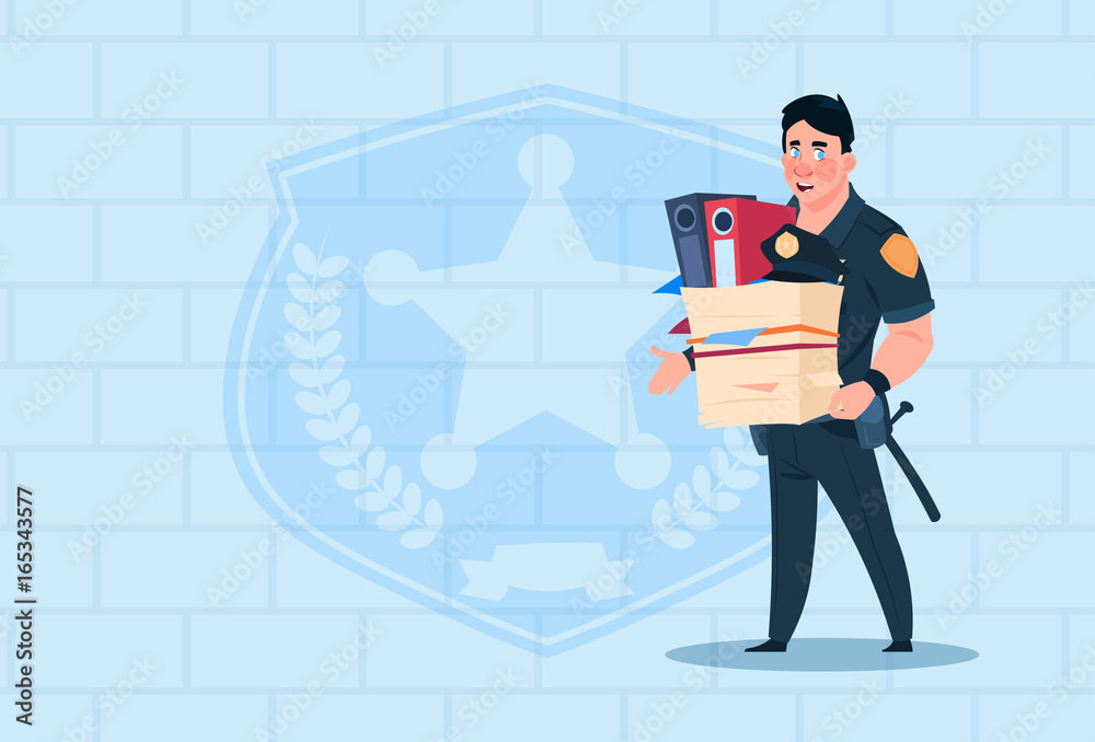 Policeman Fired Hold Box With Working Staff Wearing Uniform Cop Guard Over Brick Background Flat Vector Illustration Policeman Fired Hold Box With Working Staff Wearing Uniform Cop Guard Over Brick Background Flat Vector Illustration