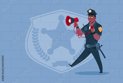 African American Policeman Hold Megaphone Wearing Uniform Cop Guard Over Brick Background Flat Vector Illustration