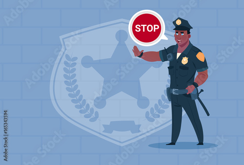 African American Policeman With Stop Chat Bubble Wearing Uniform Cop Guard Over Brick Background Flat Vector Illustration