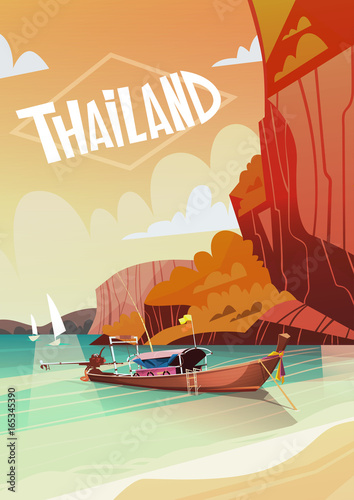 Thailand Landscape Long Tail Boat Seascape Beautiful Asian Beach Seaside View Flat Vector Illustration