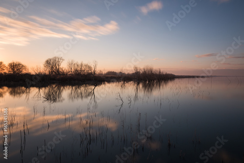 Fototapeta Naklejka Na Ścianę i Meble -  Perfect reflection of some trees on water at sunset, with moving, warm clouds