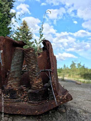 Old rusty screws in nature. Dramatic, high contrast