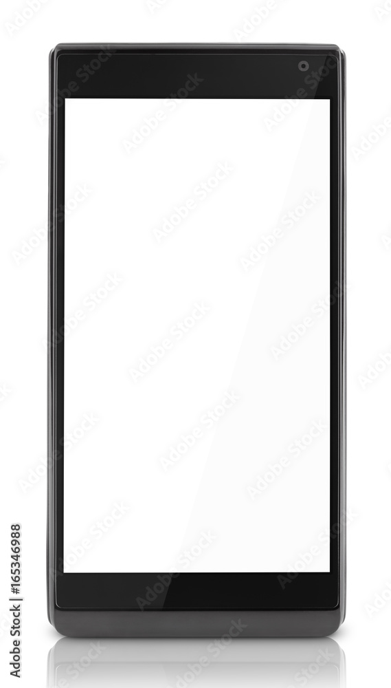 Front view of black smartphone with empty white screen isolated on white background. Smart phone with clipping path Front view of black smartphone with empty white screen isolated on white background. Smart phone with clipping path