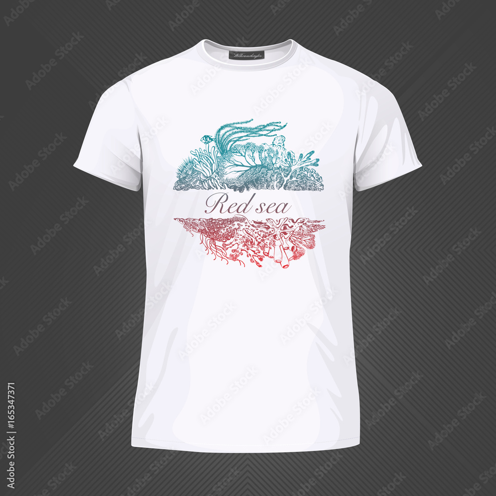 Original print for t-shirt. White t-shirt with fashionable design - Picturesque coral reef. Vector Illustration Original print for t-shirt. White t-shirt with fashionable design - Picturesque coral reef. Vector Illustration